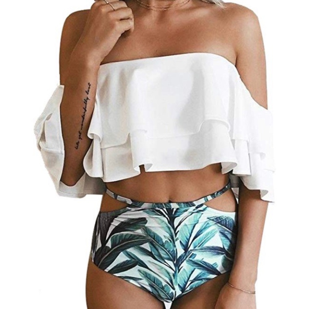High Waisted Off Shoulder Ruffled Two Piece Bikini